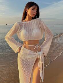 DAZY Conjunto de 2 piezas de estilo de vacaciones en la playa para mujer, top corto con hombros descubiertos y falda ajustado - Blanco - Ver 4