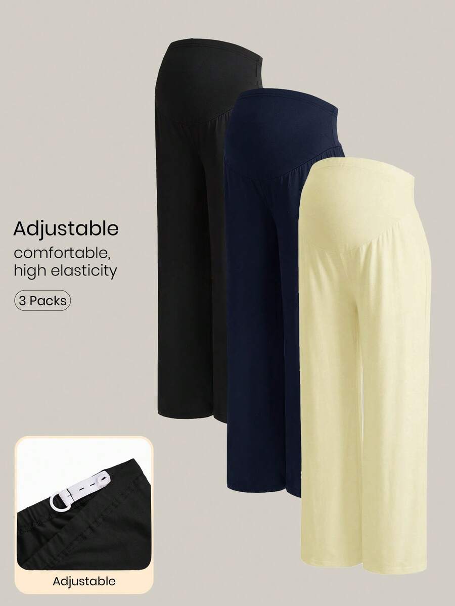Modmama 3件套孕妇纯色可调节腰围休闲百搭阔腿裤，适合日常穿着 - 彩色 - 查看 1