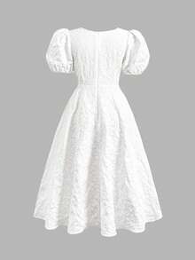 SHEIN Đầm chữ A màu trắng thanh lịch dành cho bé gái tuổi teen, chất liệu jacquard, cổ chữ V, tay áo xếp nếp, eo thon. - trắng - Xem 2