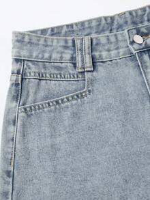 SHEIN Essnce Quần short denim nữ kiểu dáng thường ngày, có túi và gấu quần rách, đa năng cho trang phục hàng ngày. - Rửa nhẹ - Xem 6