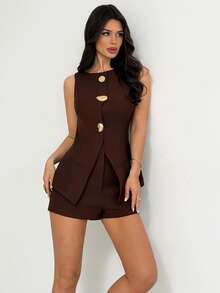 Firerie Women's Elegant Minimalist Chic Fashion Commute Urban Modern Vacation Casual Metal Buckle Vest And Shorts Brown 2 Pieces Set - Brown - View 3