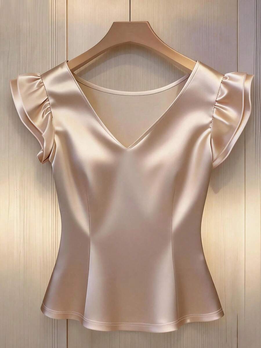 GlowEve 女士缎面绉纱短袖V领修身优雅休闲通勤法式复古百搭商务度假香槟色短袖上衣/衬衫早春/春夏新款 - 香檳色 - 查看 1
