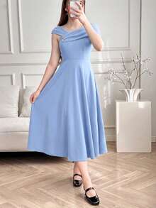 SHEIN Teen Girls' Light Blue Cross V-Neck Waist Gathered A-Line Long Party Dress, Formal Gown - Baby Blue - View 4