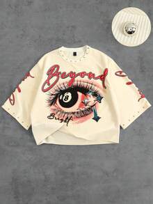 ROMWE MEN Men's Casual Loose Eye & Letter Print T-Shirt, 3/4 Sleeve - Apricot - View 1