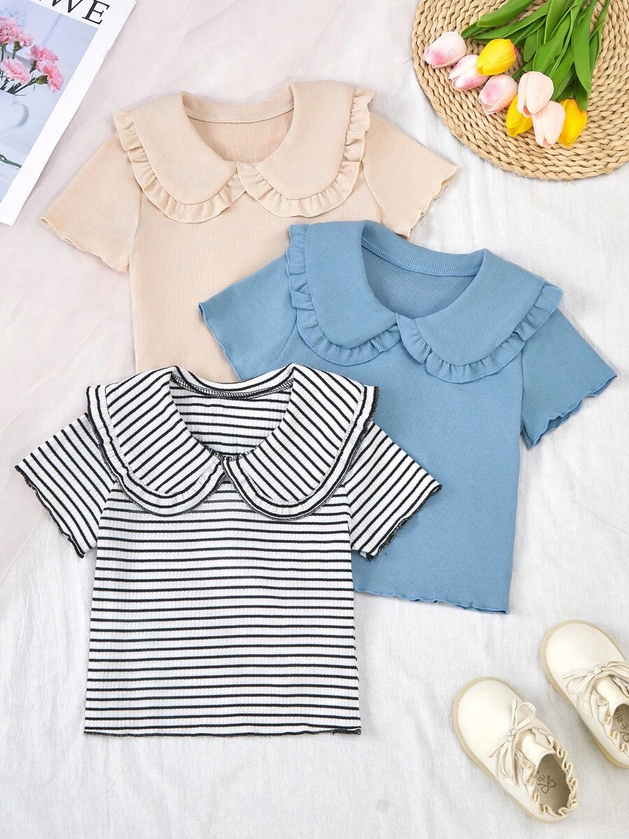 Genkimix Kids Camiseta de manga corta con cuello casual para niña, versátil para uso diario - Multicolor - Ver 1