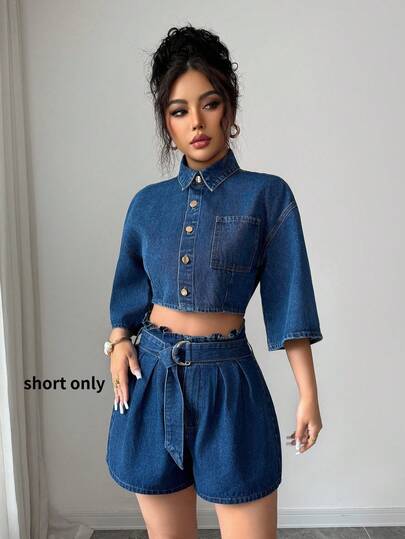 Elenzga Women's Frill Waist Design Pleated Loose Denim Shorts