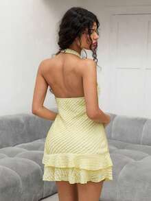 Sweetina Women's Sexy Ruffled Hem Backless Halter Mini Dress, Summer - Pale Yellow - View 2