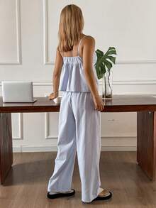 DAZY Women's Striped Camisole Top And Loose Pants Pajama Set, Suitable For Summer Beach Vacation - Blue - View 2