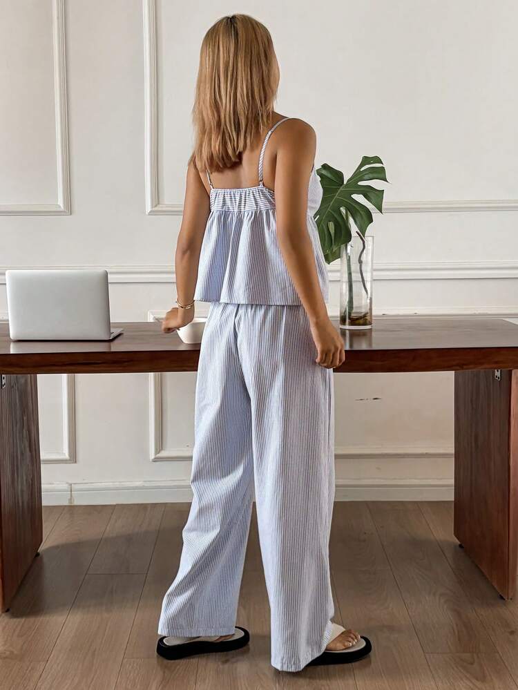 Women's Striped Camisole Top And Loose Pants Pajama Set, Suitable For Summer Beach Vacation
