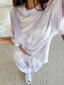 DAZY 女士扎染渐变舒适圆领长袖上衣和裤子睡衣套装 - 紫色 - 查看 1