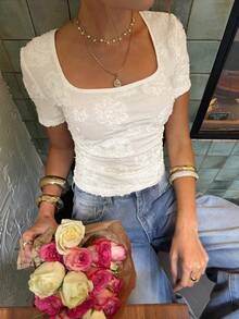 Serisse Women's Casual Solid Color Jacquard Backless Tie T-Shirt, Summer,Spring,Valentine's Day,Party,Wedding,Ceremony,Elegant ,Vacation,Casual, Formal,,Summer ,Spring,Festival,Party , Birthday,Beach,Vacation,Casual,Wedding,Graduation, Going Out, Elegant, - Apricot - View 2
