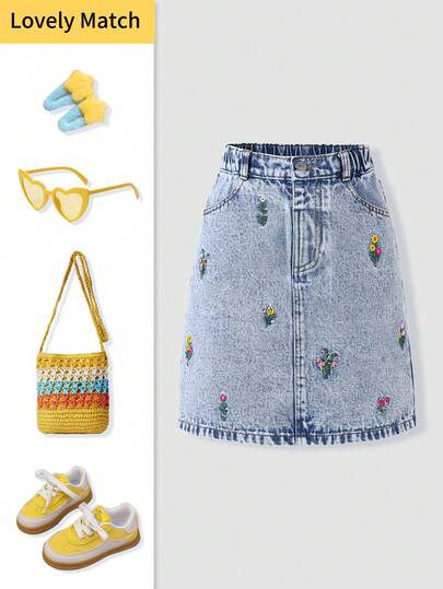少女牛仔裙 春夏新款 甜美清新浅蓝色水洗牛仔小碎花刺绣A字短裙 修身舒适优质棉质牛仔日常基础款上学度假棉质春夏装 儿童牛仔裙 女童短裙