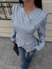 Siren Gaze Áo sơ mi dài tay kẻ sọc thắt eo dành cho nữ, mẫu mới thu đông. - Màu xanh hải quân - Xem 5