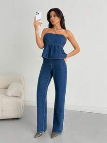 SHEIN Women's Casual Denim Set With Ruched Bandeau Top And Pocketed Pants - Dark Wash - View 5