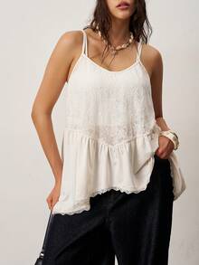Enliva Plus Size Women Lace Ruffle Casual Versatile Daily Wear Camisole Top, Summer Tops, For Apple And Rounded Body Shape - Apricot - View 4