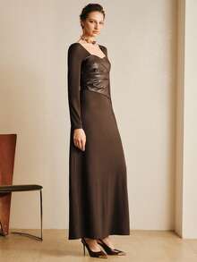Revavyn Revavyn Chic Dark Brown Long Sleeve Maxi Dress, Elegant Square Neck With Sweetheart Bust, Faux Leather Ruched Corset Waist, Satin-Feel A-Line Floor-Length Skirt, Slimming Bodycon Silhouette, Formal Evening Gown For Cocktail Party, Wedding Guest, Date Night, Business Dinner, Sophisticated Minimalist Luxury Dress For Women - Brown - View 5