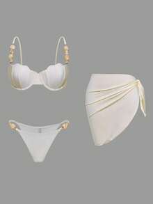 Swim Oasis Women Solid Color Shell Cup Strap Chain Decor Triangle Bottoms Chain Decor Skirt 3 PiecesSwimwear - Beige - View 7