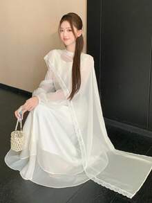 DAZY 少女束腰网纱披肩带连衣裙，优雅连衣裙 - 白色 - 查看 6