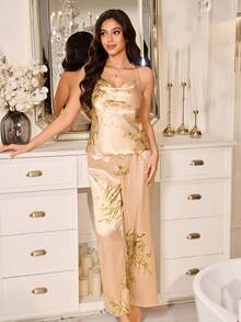 SHEIN Satin Printed Camisole And Pants Sleepwear Set For Women - Apricot - View 2