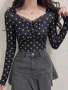 FRIFUL Women's Casual Dot Print Ruched Bust Twist Lantern Sleeve Lace Trim Fitted T-Shirt, Suitable For Spring, Summer And Autumn, Commuting And Vacation - Black - View 6