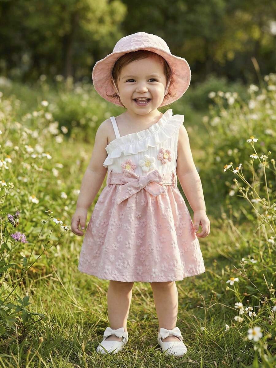 SHEIN Baby GirlElegant Houndstooth Ribbed Fabric Spaghetti Strap Ruffle Trim Dress With Hat, Cute For Spring/Summer - Pink - View 1