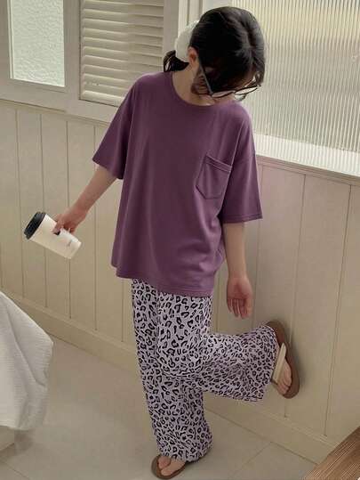 DAZY 少女纯色圆领短袖上衣和豹纹睡裤套装