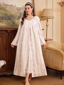PalaceNights Floral Print Lace Decorated Loose Long Sleeve Robe, Camisole Slip Dress With Ruffle Trim, Woven Textured Fabric Women Pajama Set - Apricot - View 5