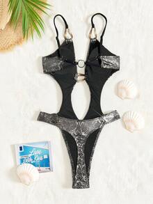Swim SXY Maillot de bain une pièce pour femmes, imprimé peau de serpent printemps/été, bikini sexy à dos nu et décolleté plongeant, motif animal - Argent - Voir 6