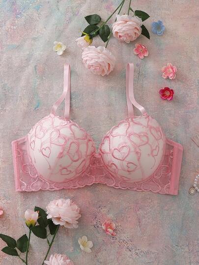 粉色，带钢圈，模杯，高支撑，刺绣爱心图案，提拉丰盈，甜美可爱，优雅大码文胸