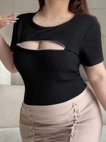 Dazy Plus 圆领拉链镂空性感裹身极简黑色长袖T恤 - 黑色 - 查看 5