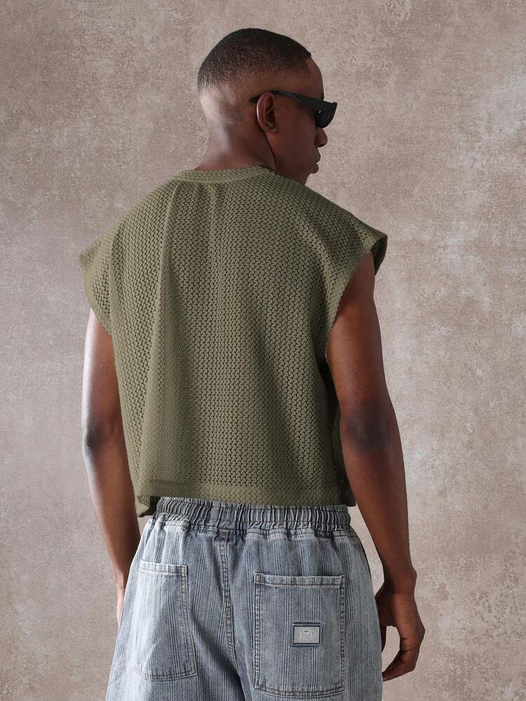 Cropped Crochet Tank Top With Crew Neck