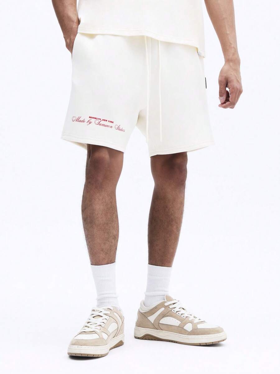 SUMWON Quần short nam màu kem, in logo, dáng regular fit, thích hợp mặc mùa hè, có túi hai bên. - Màu be - Xem 1