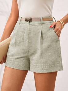 Solivie 亚麻竹编结优雅纯色斜插口袋夏季短裤 - 薄荷綠 - 查看 6