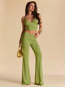 SHEIN BAE Bộ 2 món gồm áo hai dây và quần dài màu xanh lá cây trơn phối ren dành cho nữ, kiểu dáng mùa hè, gợi cảm, thích hợp cho kỳ nghỉ biển, dạo phố, phong cách Y2K quyến rũ, thanh lịch. - màu xanh lá - Xem 7