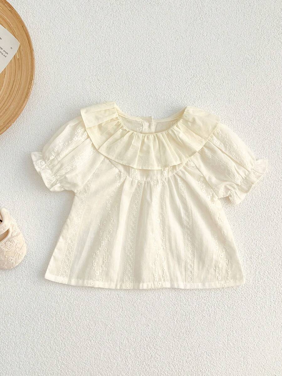 B016 夏季公主风可爱荷叶边领女婴/幼儿T恤 - 杏色 - 查看 1