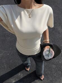 Siren Gaze 女士夏季新款纯色优雅垂褶露背衬衫，宽松领衬衫 - 杏色 - 查看 5