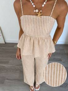 Siren Gaze 女士条纹荷叶边吊带背心和阔腿裤休闲两件套 - 藍色 - 查看 1