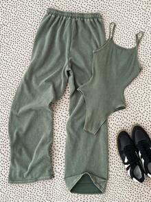 SHEIN Tween Girl Snowflake Jacquard New York Embroidered Ribbed Knit Jumpsuit And Casual Retro Minimalist Snowflake Jogger Pants 2 Pieces Set - Army Green - View 2