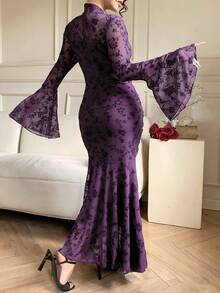 女士优雅蕾丝褶皱鱼尾连衣裙，适合春夏穿着 - 紫色 - 查看 2