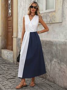 Brillora Spring & Summer Sleeveless Woven Patchwork Dress For Women - Blue and White - View 1