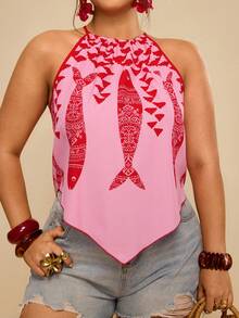Travachic Plus Size Women Boho Summer Holiday Style Fish Print Halter Top - Red - View 8
