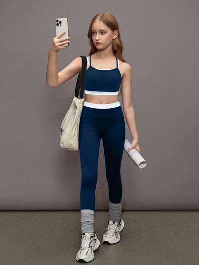 少女无袖上衣短裤运动套装，二合一上衣，瑜伽服，藏青色，白色，适合度假、运动、户外活动，四季皆宜的儿童运动服，少女运动服，儿童运动套装，少女运动套装，瑜伽服两件套