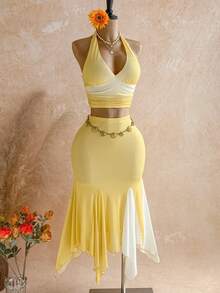 Soleia 新款度假优雅百褶露背背心和渐变色不对称半身裙两件套黄色两件套黄色服装百褶裙套装早午餐服装夏季服装 - 彩色 - 查看 3