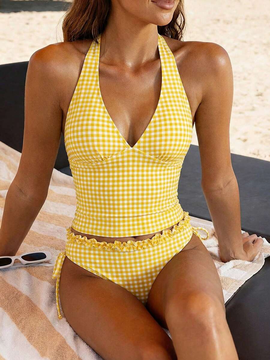 Swim Vcay Summer Women's Tankinis 2-Piece Set, Coffee Plaid Print Ruffle Halter Neck Tie Top, Drawstring Ruched Bikini Bottom Swimsuit - Yellow - View 1