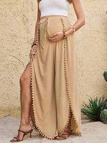 Boho Mama Pantalon ample à jambes larges, style décontracté de vacances pour femmes enceintes, avec garniture de pompons de couleur unie - Kaki - Voir 8