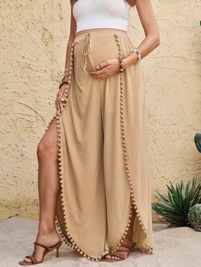 Boho Mama 孕妇休闲度假风纯色毛球装饰宽松阔腿裤