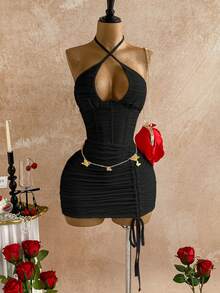 Soleia 女士针织镂空抽绳露背性感迷你连衣裙，适合派对、约会、情人节、复活节、狂欢节、下午茶、海滩、邮轮、秋冬季城市度假、感恩节和新年等场合。 - 黑色 - 查看 9