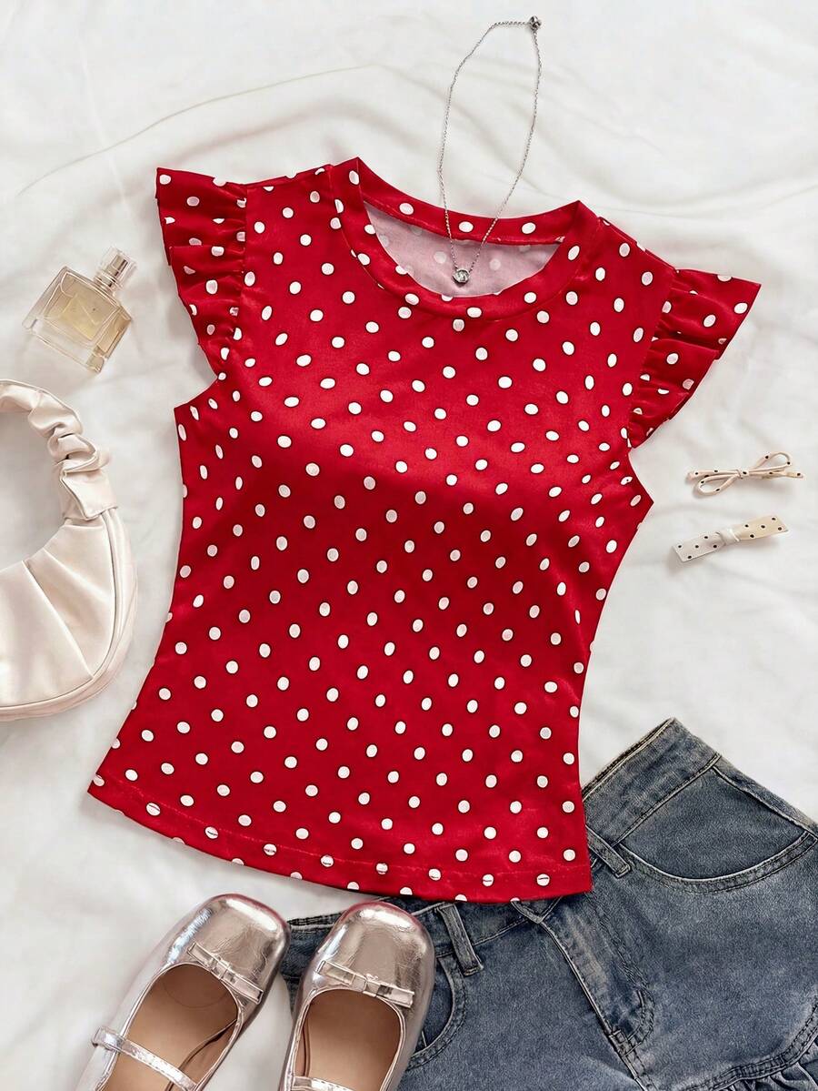 Soleia Women's Casual Polka Dot Print Ruffle Trim Round Neck T-Shirt, Summer - Red and White - View 1