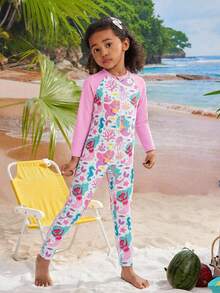 SHEIN 1 bộ đồ bơi liền thân dài tay in hình nàng tiên cá cho bé gái - Hồng - Xem 4