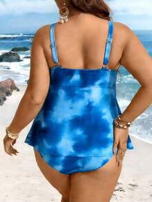 Swim Lushoire 大码女式两件套纯色网纱拼接显瘦休闲度假吊带泳衣 - 彩色 - 查看 2